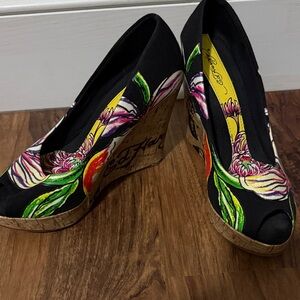 Ed Hardy Black and Multicolor Floral Wedges